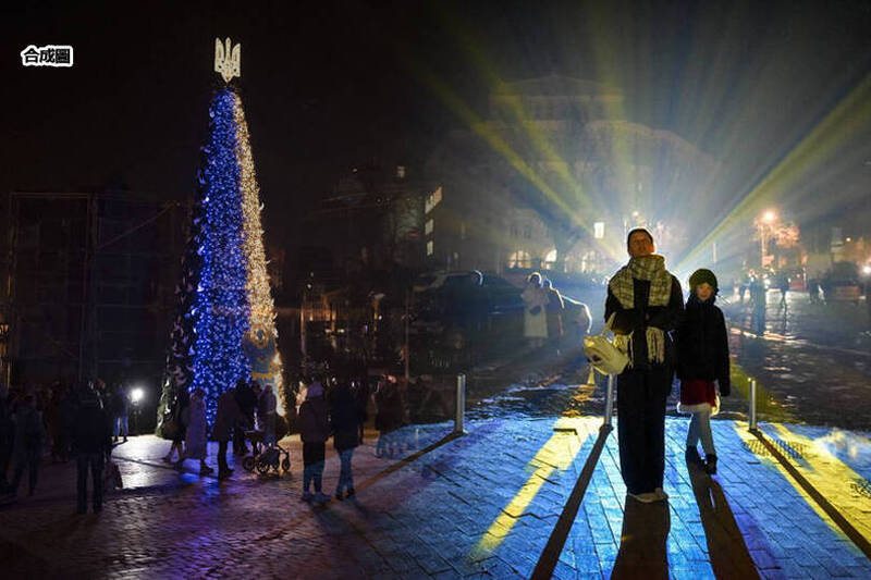 23日在基辅索菲亚广场上的耶诞树，在黑夜中点亮象征乌克兰的黄蓝色灯光。（美联社；本报合成）(photo:LTN)