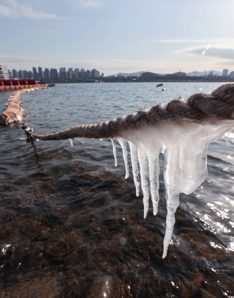 今年冬天首尔汉江结冰，绳子上出现冰柱。（欧新社）(photo:LTN)