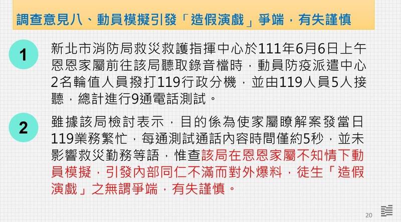 針對新北市消防局動員職員造假演戲，監察院調查報告質疑，該局在恩恩家屬不知情下動員模擬，引發內部同仁不滿而對外爆料，徒生「造假演戲」之無謂爭端，有失謹慎，新北市府應確實檢討改進。（監察院提供）