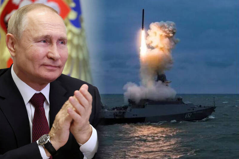海军舰发射巡弋飞弹，攻击乌克兰。（取自俄国防部Telegram、美联社；本报合成）(photo:LTN)