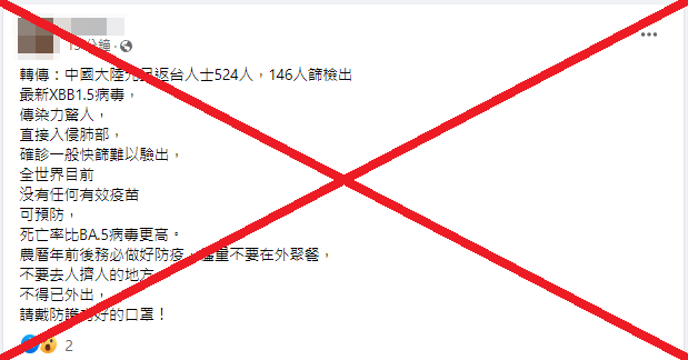 近期社群平台流傳「大陸元旦返台人士524人，146人篩檢出最新XBB1.5病毒」，查核中心查核後確認此為「錯誤訊息」。（圖擷取自「台灣事實查核中心」）