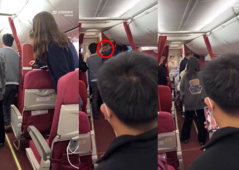 中国海南航空班机滑行时突然有男乘客（红圈）大暴走打空姐，还大喊「飞机快出事了，死神来了」。（撷自《都市快报》微博）(photo:LTN)