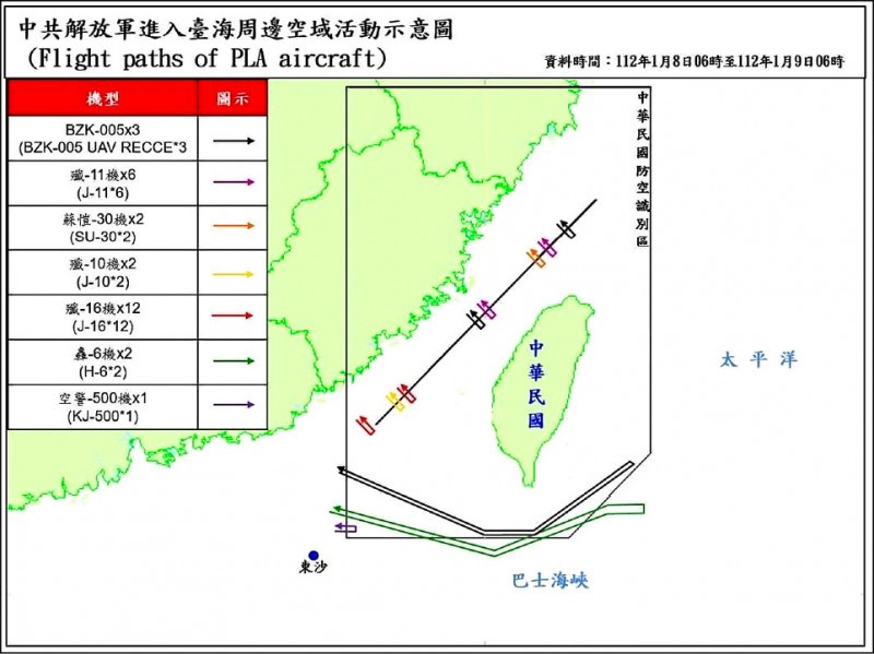 中共28架次軍機逾越台海中線、進入我西南空域。（國防部提供）