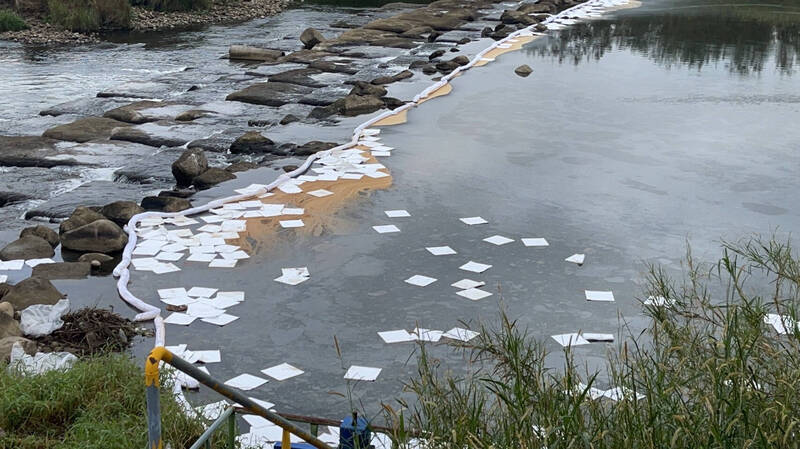 遠東化纖新埔總廠又漏油，鳳山溪再遭污染。（王增基提供）