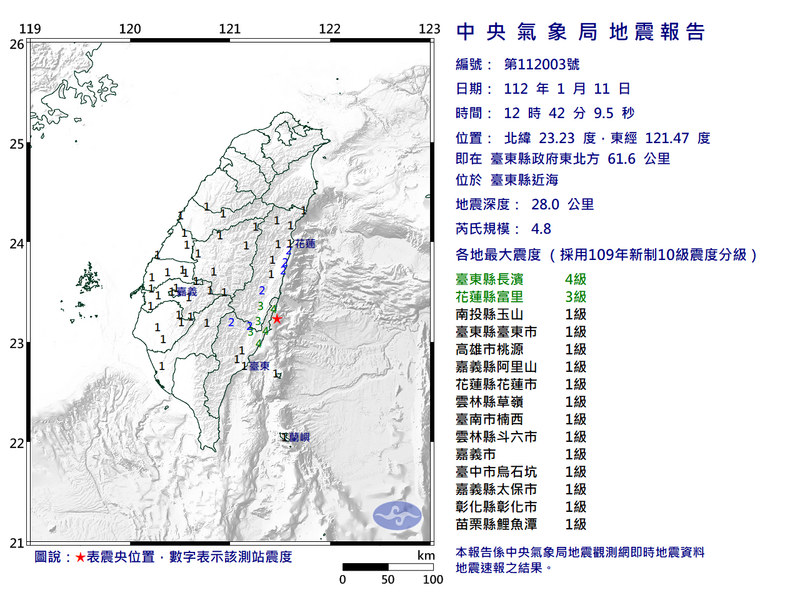 今（11日）中午12點42分在台灣東南部發生芮氏規模4.8地震，最大震度4級。（圖擷自中央氣象局）