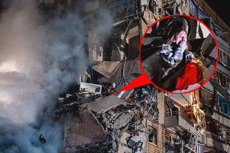 乌克兰国防部发布一张照片震惊国际，照片中一名倖存的23岁女子瘫坐在被毁公寓的瓦砾堆中，她的父母仍困在瓦砾堆下，生死未卜。（图取自乌克兰国防部推特@DefenceU；本报合成）(photo:LTN)