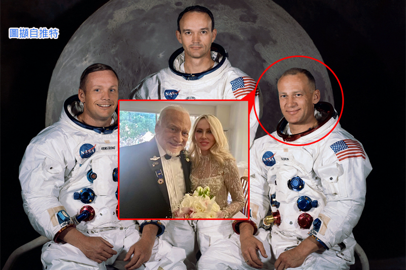 第二位登上月亮的人类艾德林（右），在美国当地时间週五与他的妻子福尔成婚。（撷取自推特＠TheRealBuzz、法新社；本报合成）(photo:LTN)