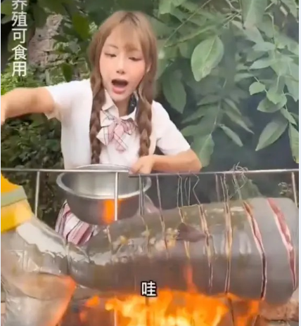 中国百万网红「提子」去年7月中PO出一段美食影片引起争议，她声称买了一条「人工养殖」的鲨鱼宰杀烹煮，没想到那尾养殖鲨鱼其实是保育类「大白鲨」。（图撷取自抖音）(photo:LTN)