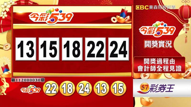 今彩539、39樂合彩開獎號碼。（圖擷取自東森財經新聞57彩券王）