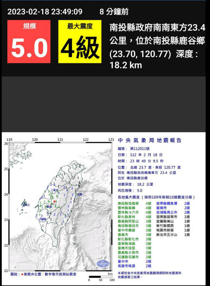 18日深夜南投發生芮氏5.0地震，最大震度4級。（擷取國家災害防救科技中心網站）