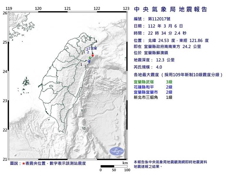 6日晚間10點34分，宜蘭縣蘇澳鎮發生芮氏規模4.0地震，最大震度3級。（圖擷自中央氣象局）