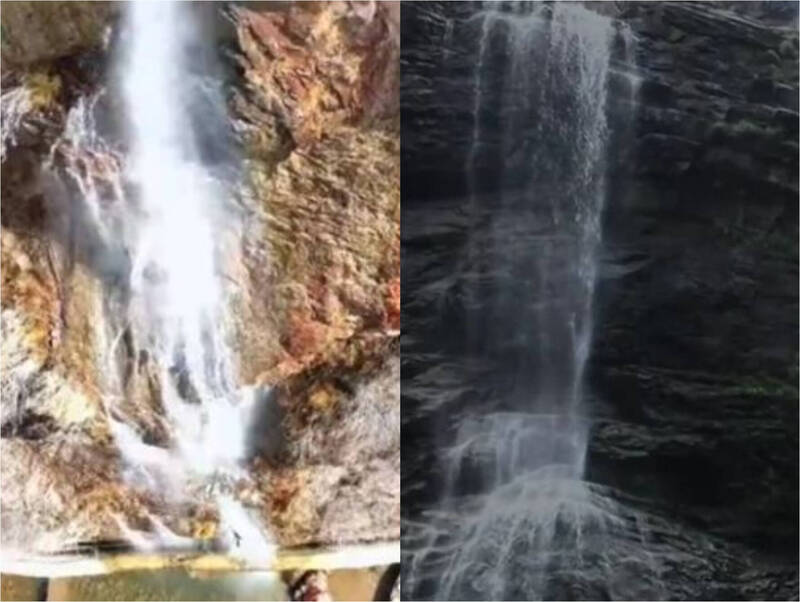 中国大熊山瀑布被游客踢爆，在高处装有水管放水，直唿是「假瀑布」。（翻摄自微博）(photo:LTN)