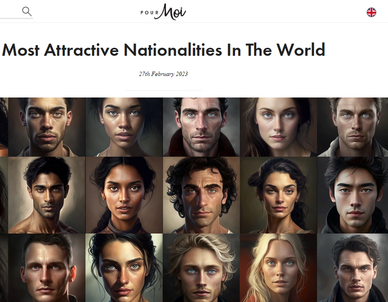 英國泳裝內衣品牌Pour Moi公布的「世界上最具吸引力的國家」（Most Attractive Nationalities In The World）排行榜。長相示意圖為AI繪製。（圖擷取自Pour Moi官網）