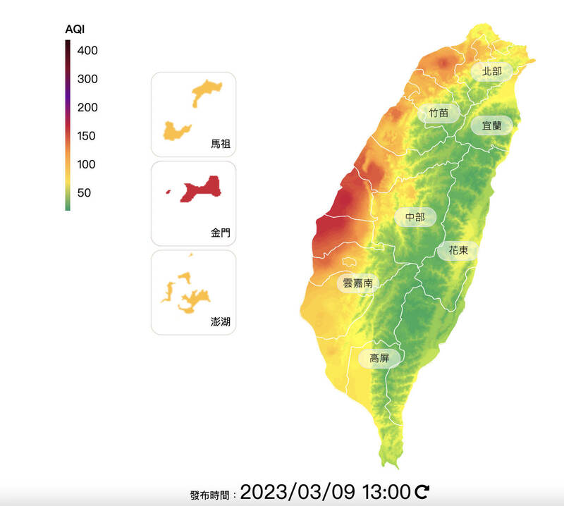 今天環境風場為偏東風，西半部地區風速弱且混合層偏低，整體擴散條件不佳，容易累積污染物，造成空氣品質不良。（取自環保署空氣品質監測網）