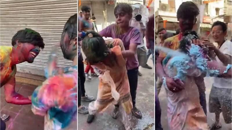 今年印度傳統節日「侯麗節」（Holi）傳出一名日本女性遊客參加活動時，竟在大街上遭一群印度男子包圍性騷、襲擊。（圖擷取自@iramsubramanian推特）