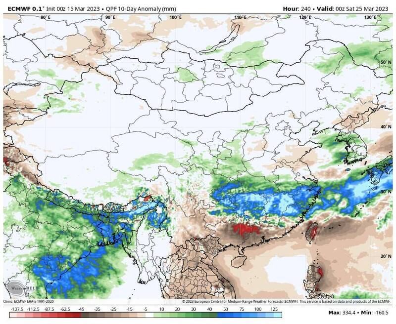 ECMWF預測未來10天的降雨量距平，可看出台灣附近仍為雨量偏少的負距平區域。（圖擷自吳聖宇臉書）