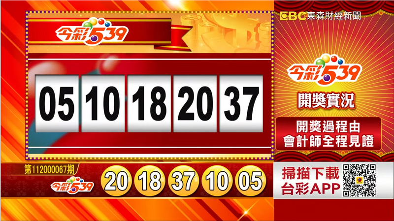 今彩539、39樂合彩開獎號碼。（圖擷取自東森財經新聞57彩券王）