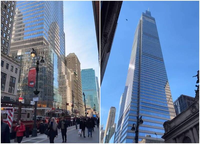 美國紐約曼哈頓市中心的范德堡一號大樓近日因電梯故障致強烈晃動，大樓工作人員紛紛逃到麥迪遜大道。（圖擷取自「@JasminMarilena」推特、本報合成）