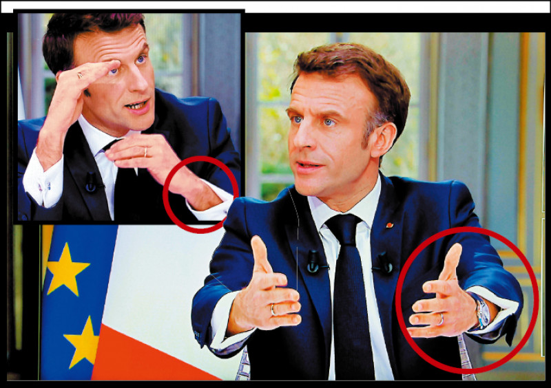 马克宏22日受访为政策辩解时，左手原本戴着一支表，之后短暂将手臂收到桌面下，再伸出来时左手腕已不见表的踪迹。（法新社）(photo:LTN)