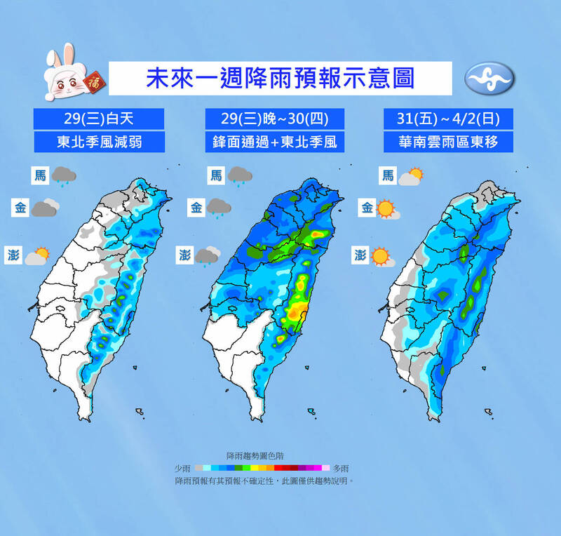 未來一週水氣偏多，不過都集中在中部以北。（取自中央氣象局）