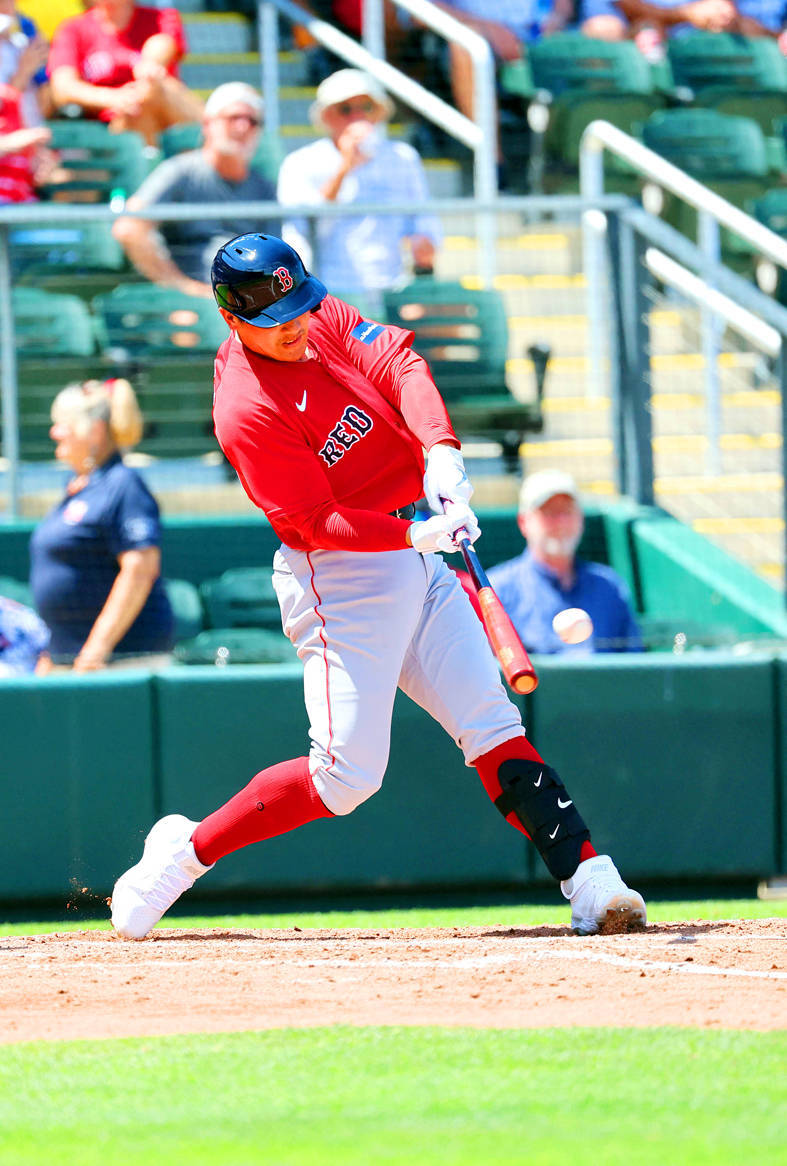 Boston Red Sox infielder Yu Chang hits a double against the Atlanta Braves during their MLB pre-season game in North Port, Florida, on Monday.
Photo: Kim Klement-USA TODAY