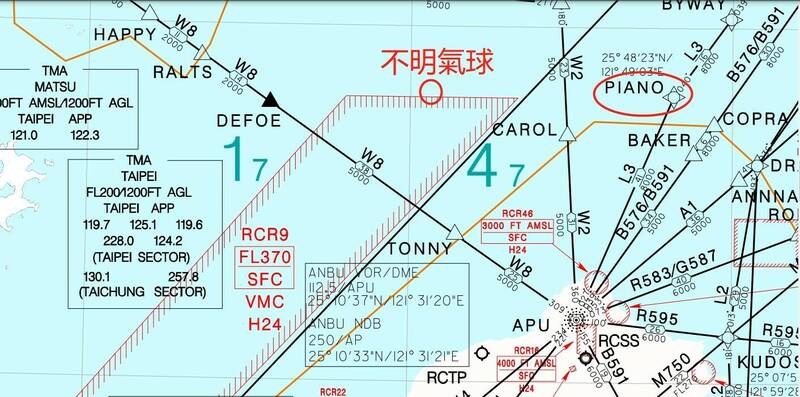 不明空飄氣球位置圖。（「Taiwan ADIZ」粉專提供）