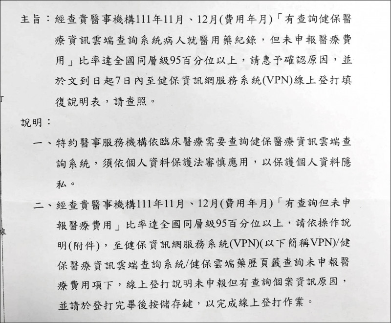 有醫師收到健保署警告函，還要求7天內檢討並回傳給健保署。（記者吳亮儀翻攝）