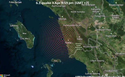 印尼北蘇門答臘省週一晚間發生芮氏規模6.1地震。（圖取自Volcano Discovery網站）