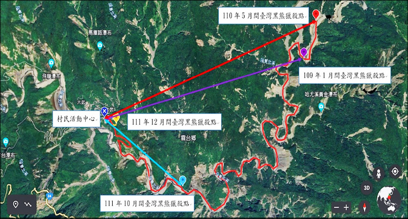 四隻台灣黑熊遭獵殺的位置圖。（屏東地檢署提供）