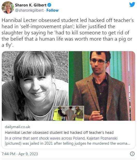 女教師在家中慘遭變態男殺害分屍。（圖片擷取自推特@sharonkgilblert）