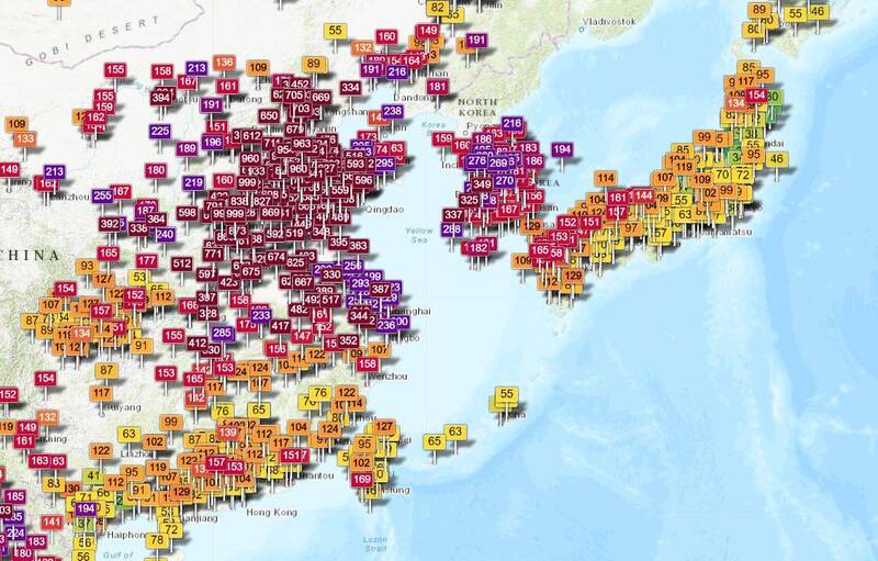 日韩开始受到中国沙尘暴影响。（图撷自全球空气污染：即时空气品质指数）(photo:LTN)