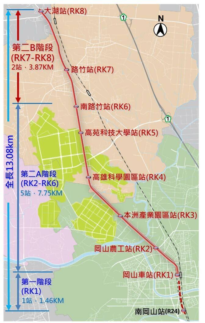 捷運岡山路竹延伸線第二B階段路網圖。（高雄市捷運局提供）