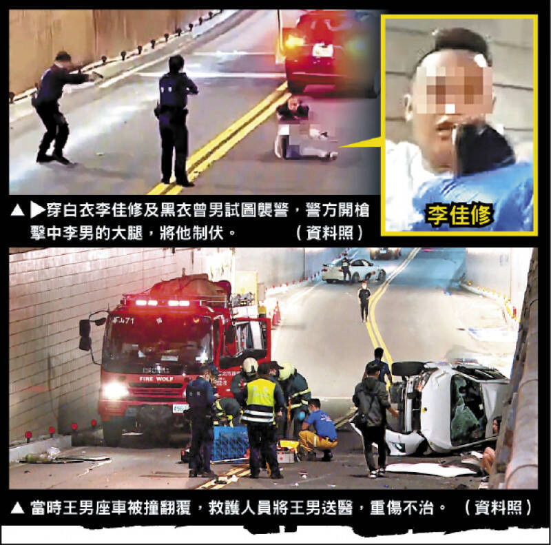 穿白衣李佳修及黑衣曾男試圖襲警，警方開槍擊中李男的大腿才將他制伏，當時王男座車被撞翻覆，救護人員將王男送醫，結果仍重傷不治。（資料照）