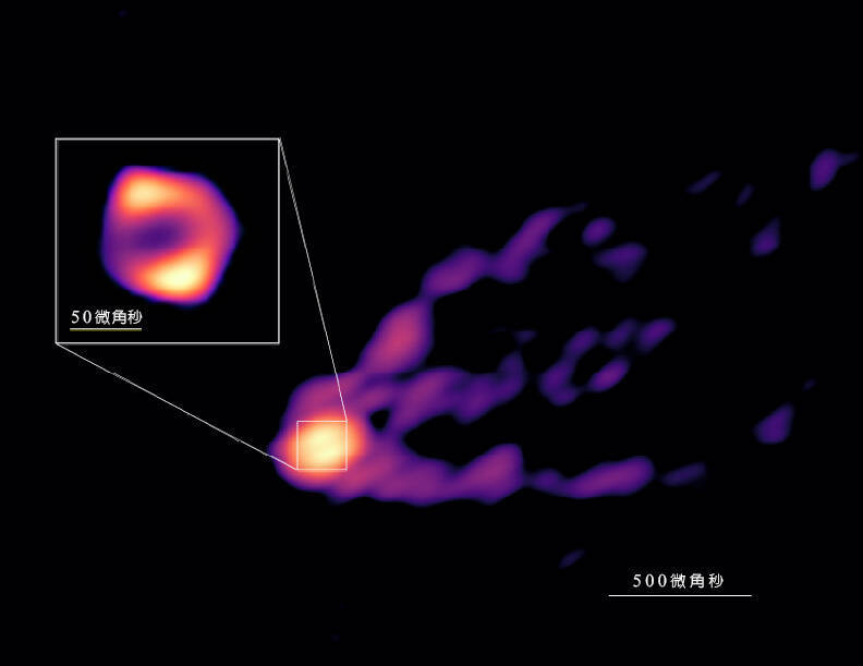 跨國天文學家首度捕捉到黑洞附近的吸積與噴流影像，揭露黑洞吸收周遭物質的過程與性質等細節，相關研究已刊登在4月的國際頂尖期刊《自然》（Nature）上，台灣科學家則參與其中。 （圖由中研院天文所提供）