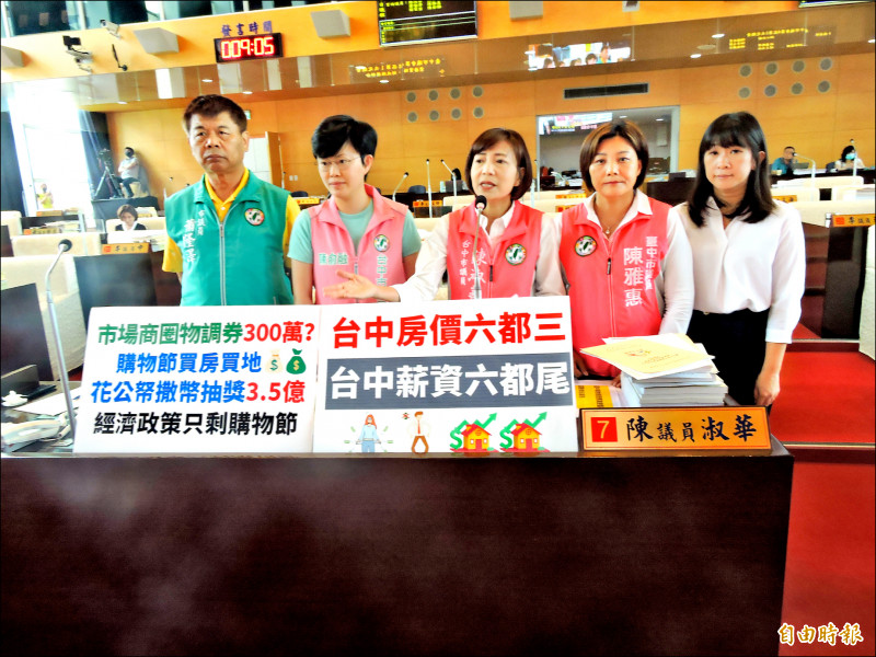 陳淑華（中）等市議員批消費金喜送編3.5億，振興庶民經濟「物調券」只剩300萬，要求至少5千萬。（記者蘇金鳳攝）