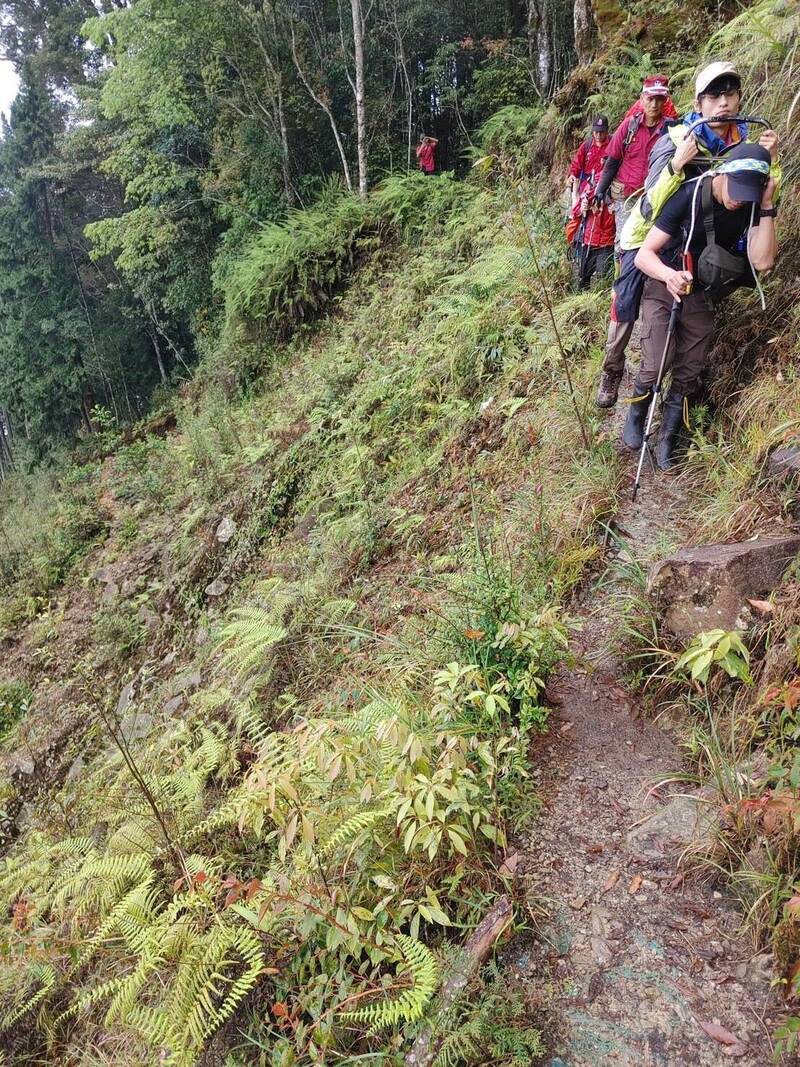 南投縣消防人員深入信義鄉西巒大山，以人力揹負接駁方式，將高山症患者救下山。（圖由南投縣消防局提供）