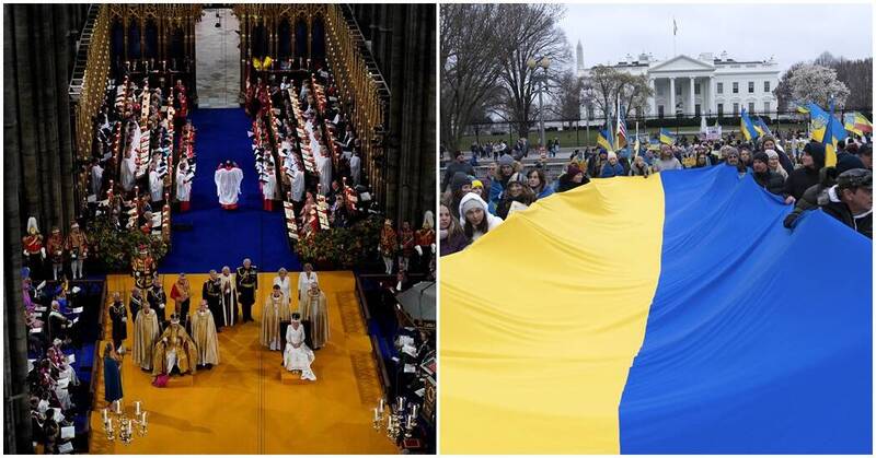 英王加冕典禮現場採用烏克蘭國旗配色的地毯，引發外界討論。（路透、美聯社，本報合成）