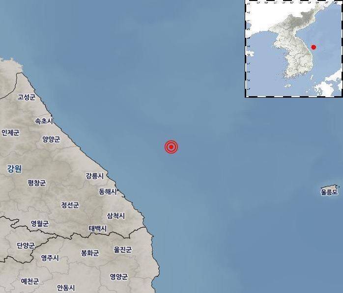 南韓近海今早發生規模4.5地震。（圖擷取自南韓氣象局）
