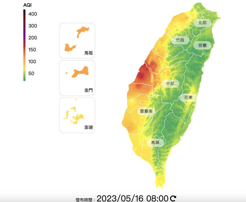 今天環境風場偏東風，西半部擴散條件不佳，中部空品測站亮2紅燈、13橘燈。
（擷取自空品監測網）