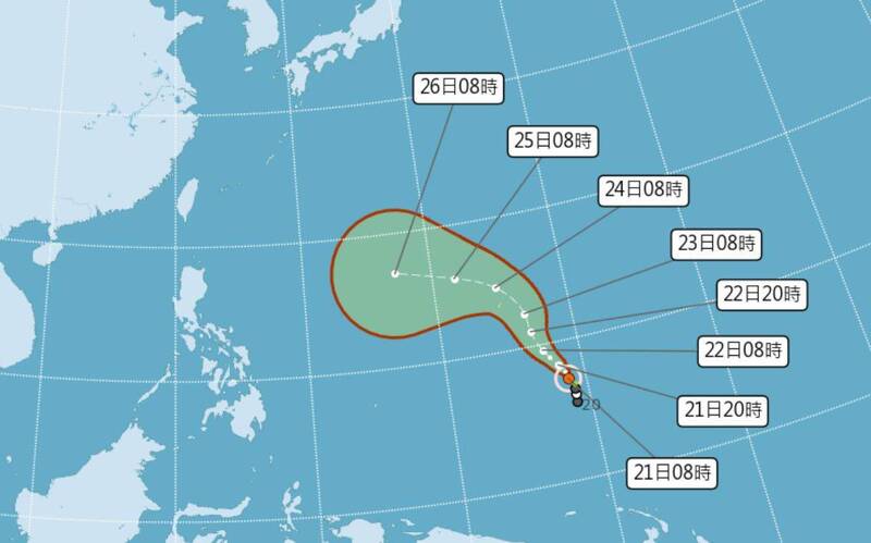 今年第2號颱風「瑪娃」今早約距離台灣鵝鑾鼻東南東方3400公里處，由於距離仍遠，是否接近須持續觀察。（圖擷自中央氣象局）