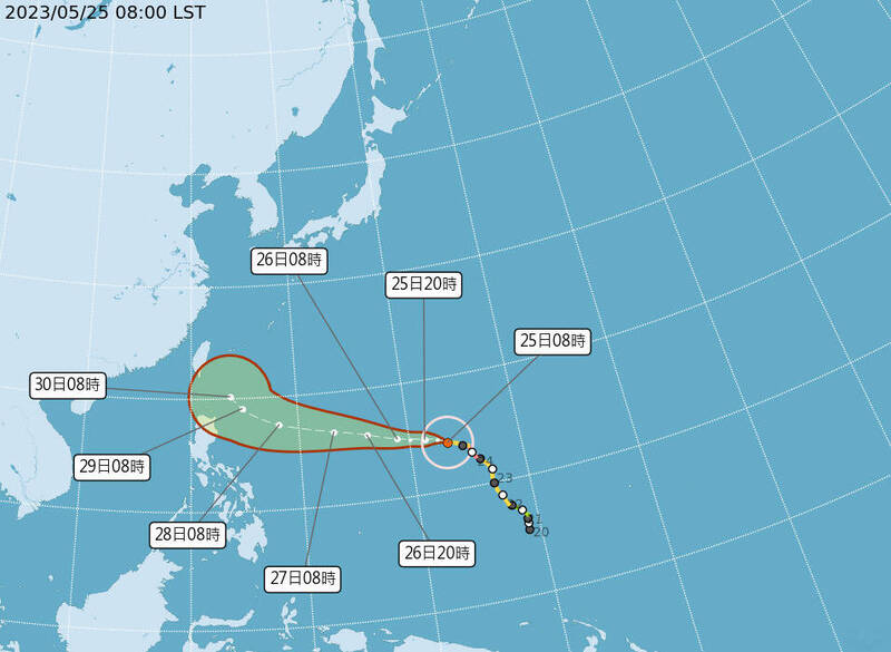 強颱瑪娃25日8時的中心位置在北緯14.2度，東經143.4度，以每小時18公里速度，向西北西進行。中心氣壓925百帕，近中心最大風速每秒51公尺，瞬間最大陣風每秒63公尺，七級風暴風半徑250公里，十級風暴風半徑80公里。 此為路徑潛勢圖。（取自中央氣象局）