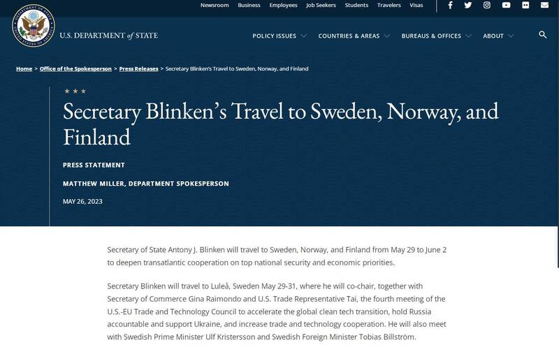 美国国务院发声明说，国务卿布林肯5月29日到6月2日造访瑞典、挪威及芬兰。（撷取自美国国务院网站）(photo:LTN)