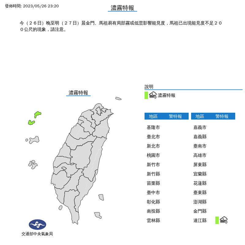 夜間到今天清晨金門、馬祖易有局部霧或低雲影響能見度，馬祖已能見度已不足200公尺。（擷取自中央氣象局網站）