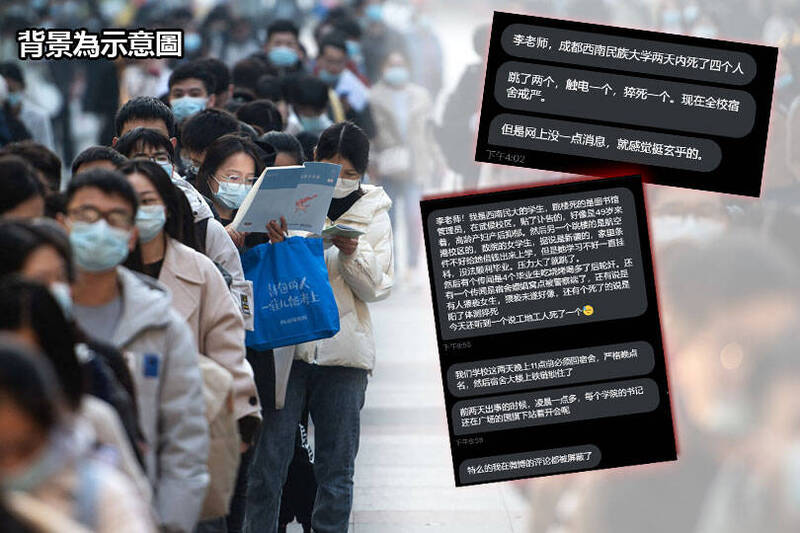中国成都西南民族大学传出校园2天内死了4个人，然而校方未透露相关细节，且网路上相关消息也都遭到封锁。（图翻摄自「李老师不是你老师」推特；本报合成）(photo:LTN)