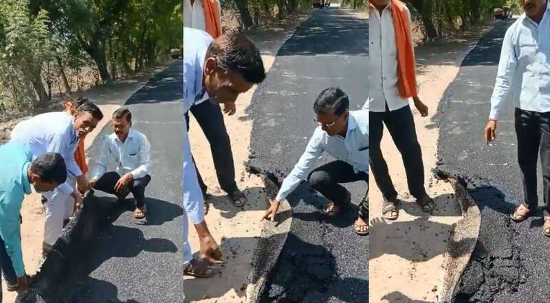 印度居民拍摄影片控诉，承包商直接在布质毯子上铺满沥青充当马路，手一掀就能掀起整条「沥青地毯」。（图撷取自推特）(photo:LTN)