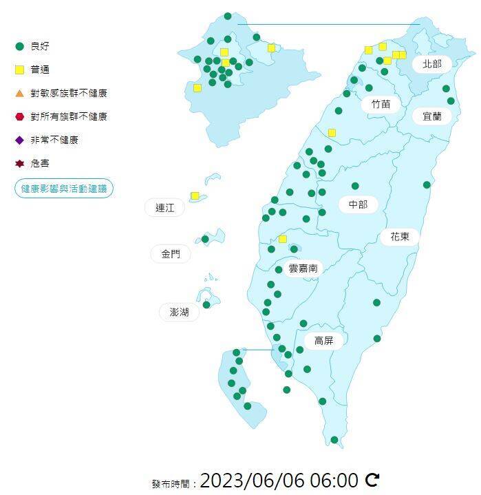 今日各地空氣品質概況。（圖擷取自環保署空氣品質監測網）
