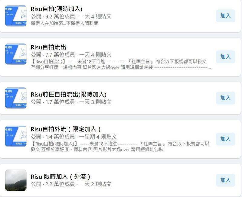 臉書出現多個開頭名為「RISU」的社團，充斥大量未經當事人同意的偷拍照片與影片，且對象多為女性。（圖擷取自臉書搜尋）