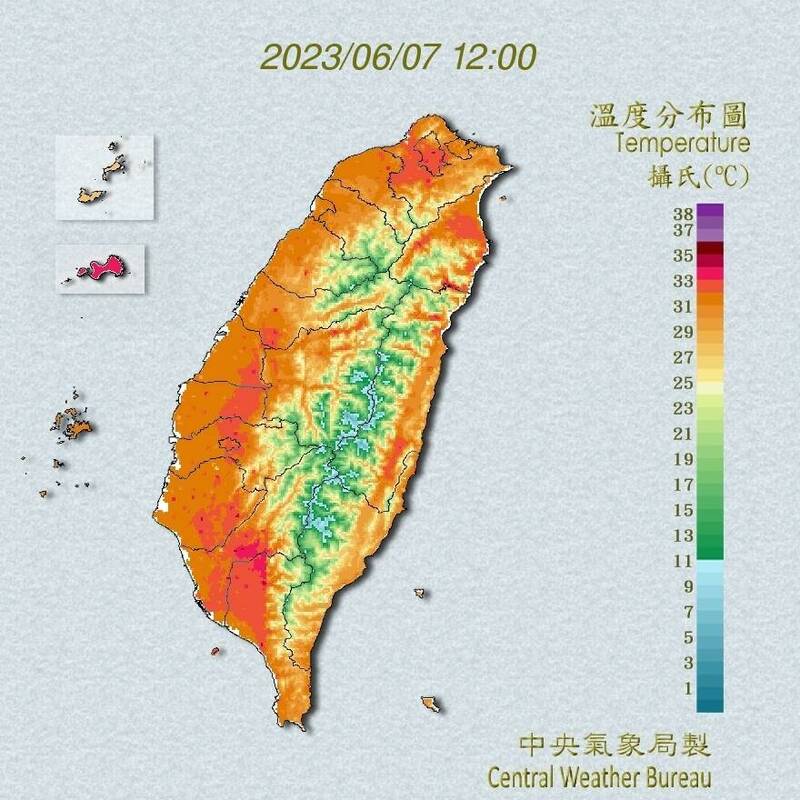 天氣晴朗炎熱，中午前後台南市、高雄市、屏東縣近山區或河谷，花蓮縣縱谷為橙色燈號，有連續出現36度高溫的機率。（圖擷自中央氣象局）