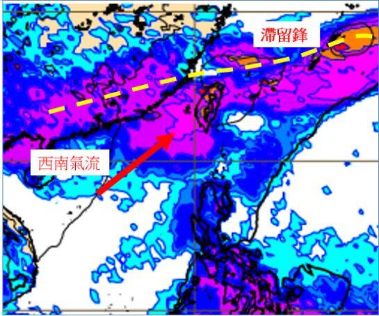 吳德榮指出，根據最新歐洲（ECMWF）模式，模擬16日20時地面圖顯示，已調整成「梅雨旺盛期」的型態。（圖擷自洩天機教室）