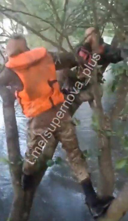 俄軍因洪水受困在樹上。（圖擷自推特）